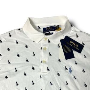 Ralph Lauren Shirt Mens L White Polo Sailboat Slim Fit Nautical Blue Pony Resort